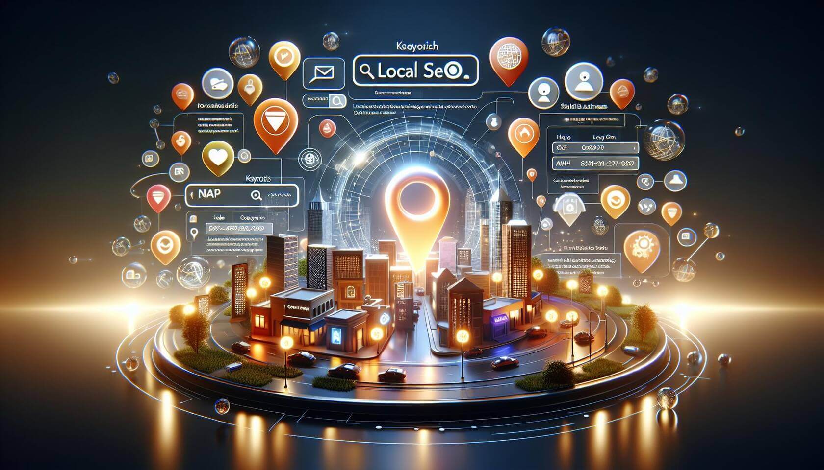 Erstelle ein 3D-Digital-Art-Bild, das eine lebendige und ansprechende Unternehmenswebsite für lokale Suchmaschinenoptimierung (Local SEO) darstellt. Zeige eine moderne Benutzeroberfläche mit hervorstechenden Elementen wie interaktiven Karten, lokalen Suchanfragen und positiven Kundenbewertungen. Nutze kreative Beleuchtungseffekte, um die Bedeutung von Schlüsselwörtern und NAP-Daten (Name, Adresse, Telefonnummer) zu betonen. Füge Elemente hinzu wie symbolische Darstellungen von kleinen Unternehmen in einer Stadtlandschaft und verwende warme Farben, um ein Gefühl von Gemeinschaft und Nähe zu vermitteln.