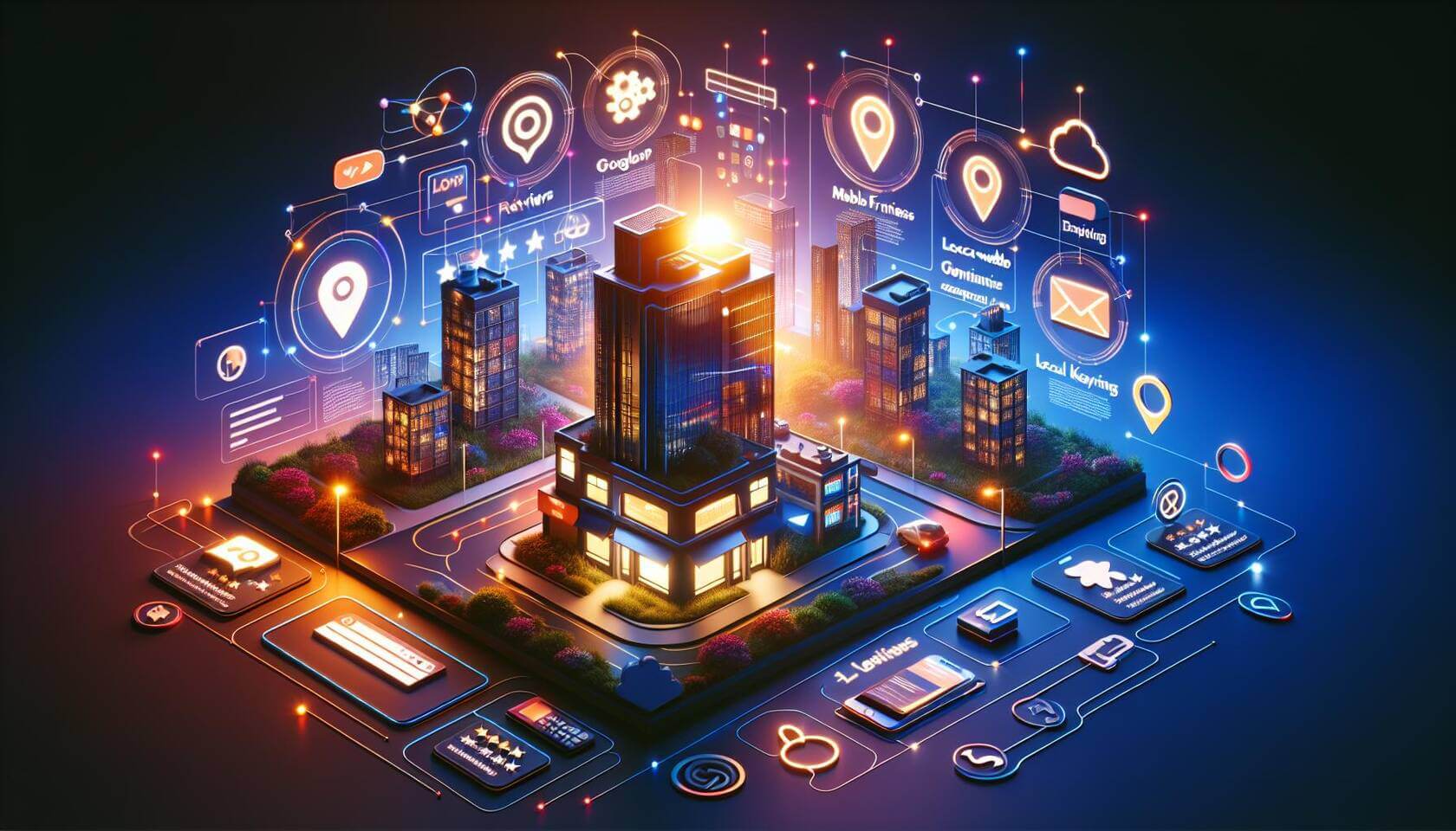 Erstelle ein 3D-Digital-Art-Bild, das eine moderne und ansprechende Firmenwebsite darstellt, die für lokale Kunden optimiert ist. Das Design soll Elemente von Google My Business, mobile-freundlichen Features und lokale Suchmaschinenoptimierung beinhalten. Füge Symbole oder Illustrationen für Bewertungen, lokale Keywords und responsive Webdesign hinzu. Die Beleuchtung soll interessant und dynamisch sein, um eine lebendige Online-Präsenz zu vermitteln. Der Hintergrund sollte subtile Anspielungen auf eine Stadtlandschaft enthalten, um den lokalen Fokus zu verdeutlichen.