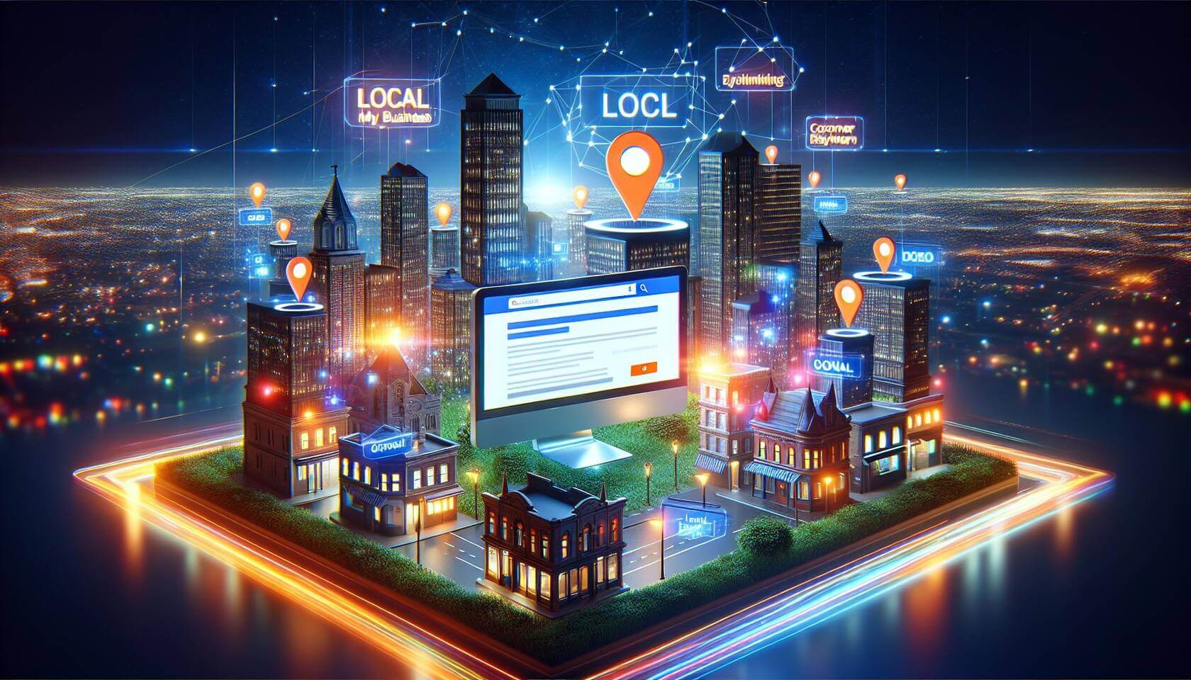 Erstelle ein 3D-Digital-Art-Bild, das eine kleine oder mittelständische Firma in einem urbanen Umfeld darstellt, umgeben von lebendigen Stadtlandschaften. Das Bild sollte Elemente zeigen, die Local SEO symbolisieren: einen PC mit einer optimierten Google My Business-Seite auf dem Bildschirm, lokale Keywords schwebend in der Luft und positive Kundenbewertungen an den Wänden dargestellt. Die Beleuchtung soll interessant und dynamisch sein, um eine motivierende Atmosphäre zu schaffen.