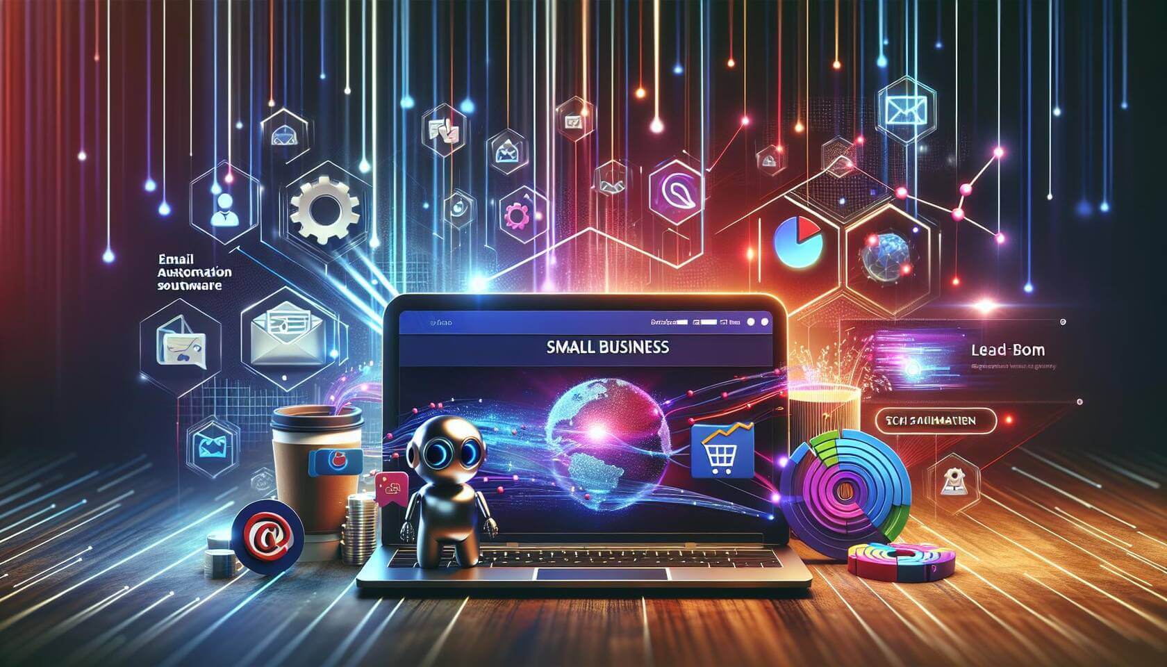 3D-Digital-Art, eine moderne KMU-Website auf einem Laptop-Bildschirm, umgeben von technischen Automatisierungstools wie E-Mail-Automatisierungssoftware, Chatbots und Datenanalysevisualisierungen. Interessante Belichtung mit leuchtenden Farben, die Effizienz und Innovation ausstrahlt. Im Hintergrund grafische Elemente, die den Prozess der Leadgenerierung symbolisieren – wie Datenströme und wachsende Kundenzahlen.