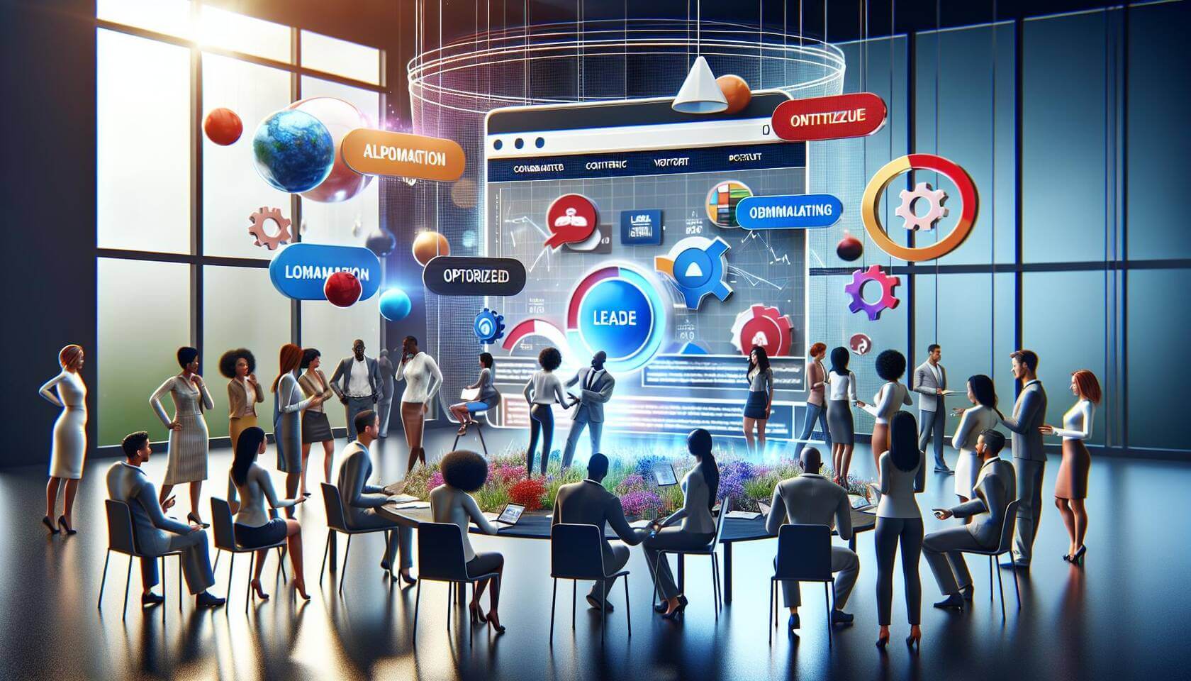 3D-Digital-Art einer modernen, ansprechenden Website-Umgebung, die eine erfolgreiche Leadgenerierung symbolisiert. Ein farbenfrohes und interaktives Design mit klaren Call-to-Actions (CTAs), optimierten Inhalten und Besucherstatistiken auf einem Bildschirm angezeigt. Die Szene sollte in einer dynamischen Büroumgebung stattfinden, umgeben von Menschen, die strategisch über Marketing-Automation diskutieren. Interessante Belichtungseffekte betonen den Fokus auf Innovation und Zusammenarbeit im digitalen Marketing für kleine und mittlere Unternehmen (KMU).