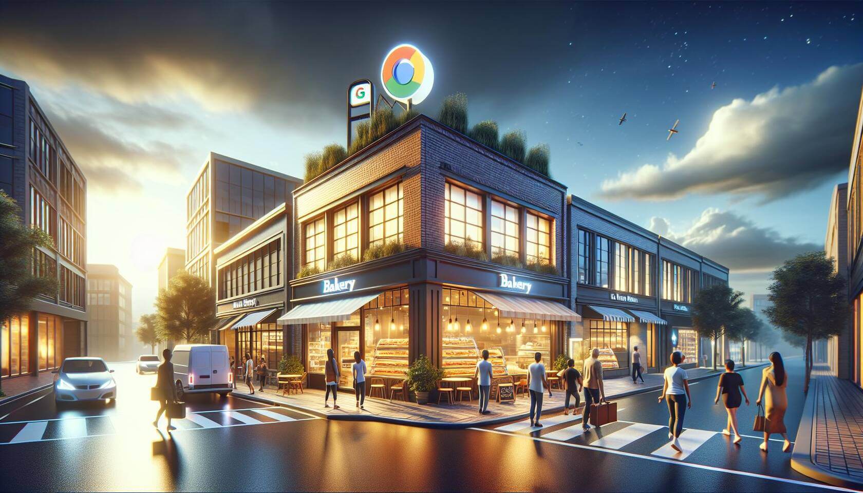 Erstelle ein 3D-Digital-Art-Bild, das eine lebendige und ansprechende Darstellung eines kleinen oder mittelständischen Unternehmens zeigt, das lokal sichtbar ist. Das Bild soll die Straßenansicht einer modernen Bäckerei in einer urbanen Umgebung zeigen, mit einem klaren Fokus auf der Shopfront. Der Himmel sollte dramatisch beleuchtet sein, um den Eindruck von Erfolg und Anziehungskraft zu vermitteln. In der Szene sollten Passanten dargestellt werden, die interessiert in den Laden schauen oder eintreten. Elemente wie ein aktives Google My Business-Symbol sowie visuelle Hinweise auf mobile Suche (z.B. Smartphones) können integriert werden, um den Lokalen SEO-Aspekt hervorzuheben. Nutze interessante Beleuchtungstechniken für einen dynamischen Effekt und sorge dafür, dass das Gesamtbild modern und einladend wirkt.
