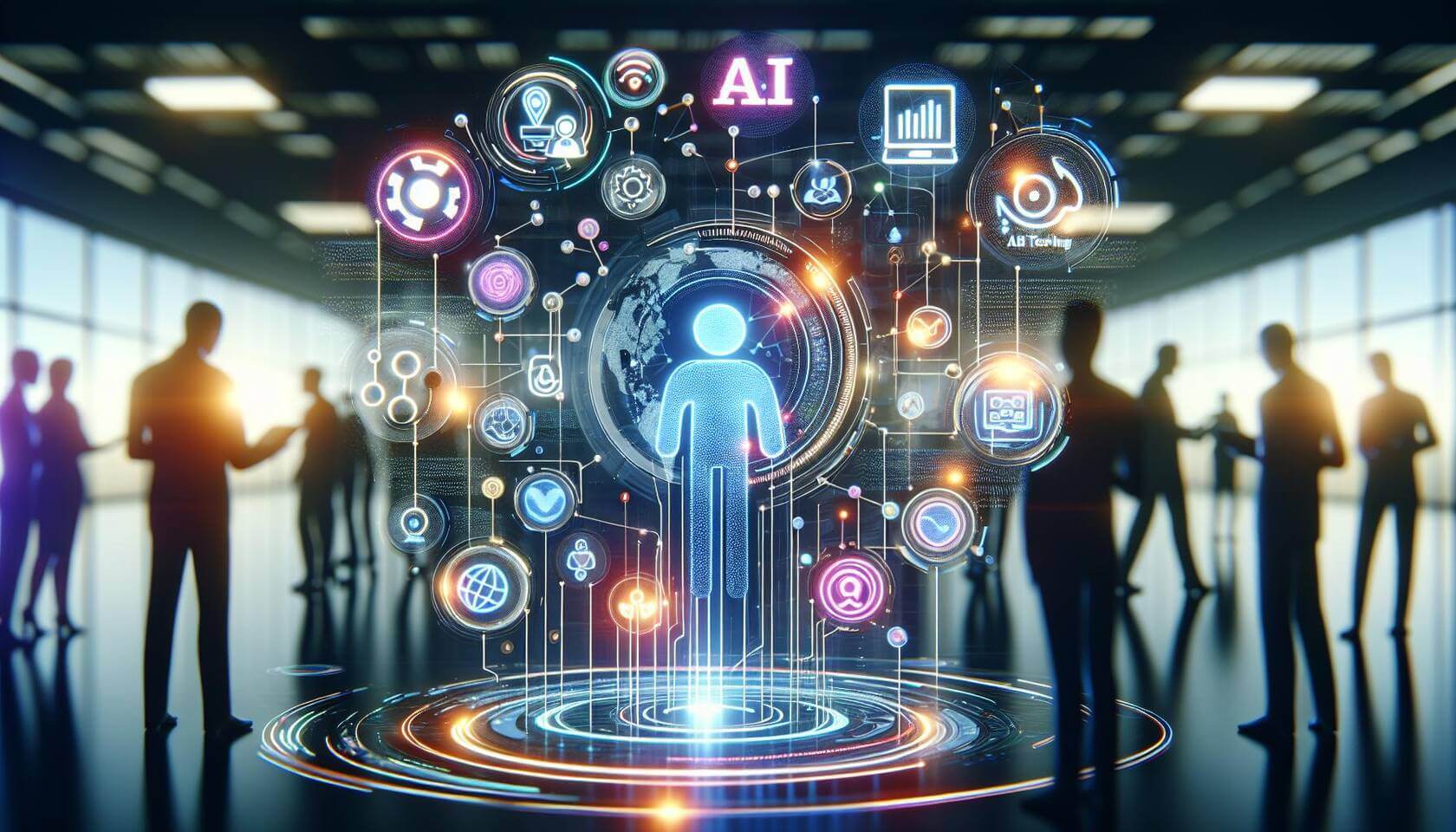 3D-Digital-Art einer modernen Firmenwebsite, die mit KI-Elementen und Automatisierungsfunktionen ausgestattet ist. Die Szene zeigt dynamische Grafiken für Datenanalyse, personalisierte Inhalte und automatisierte Kommunikation in einem futuristischen Design. Leuchtende Farben und interessante Lichtspiele betonen Interaktivität und Benutzerfreundlichkeit, während stilisierte Icons von Chatbots, CRM-Systemen und A/B-Tests prominent dargestellt werden. Im Hintergrund sind verschwommene Silhouetten von Menschen zu sehen, die die Website erkunden.