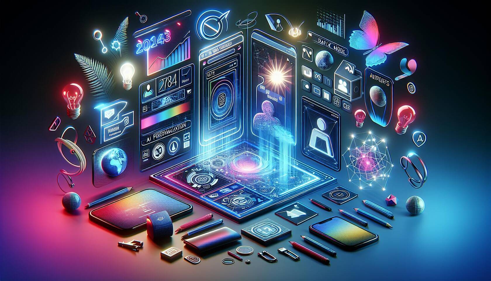 Erstelle ein 3D-Digital-Art-Bild, das die wichtigsten Webdesign-Trends für 2024 darstellt. Füge lebendige Farben und interessante Belichtungseffekte hinzu, um ein modernes, ansprechendes Design zu zeigen. Integriere Elemente wie interaktive Benutzeroberflächen mit Parallax-Scrolling-Effekten, Symbolik für Barrierefreiheit (z.B. Screenreader), Dark Mode Designs auf Bildschirmen, minimalistische Layouts mit viel Weißraum und KI-Personalisierungsskizzen oder -symbole. Das Bild sollte futuristisch und inspirierend wirken, um die transformierenden Aspekte des Webdesigns zu illustrieren.