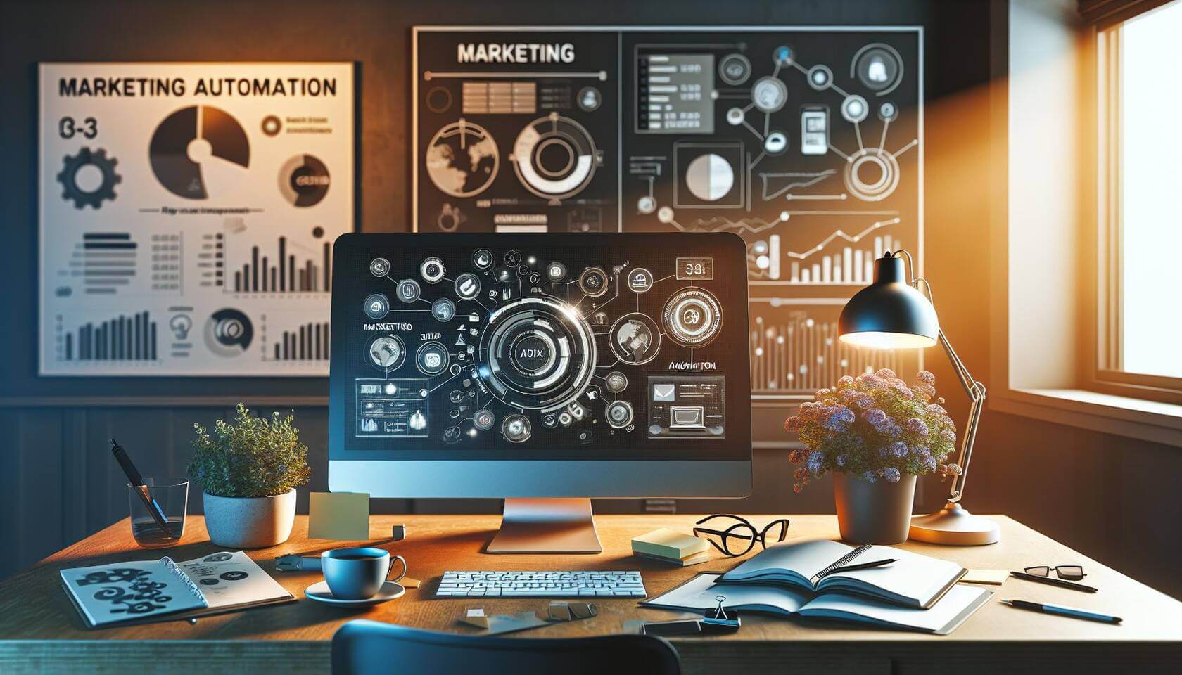 3D-Digital-Art von einem modernen, kreativen Arbeitsplatz eines kleinen Unternehmens, mit Bildern von Marketing-Automation auf dem Bildschirm. Der Schreibtisch ist mit Notizen, einer Tasse Kaffee und Pflanzen dekoriert. Im Hintergrund sind Grafiken und Diagramme zu sehen, die den Marketing-Prozess darstellen. Die Beleuchtung ist warm und einladend, um eine produktive Atmosphäre zu schaffen.