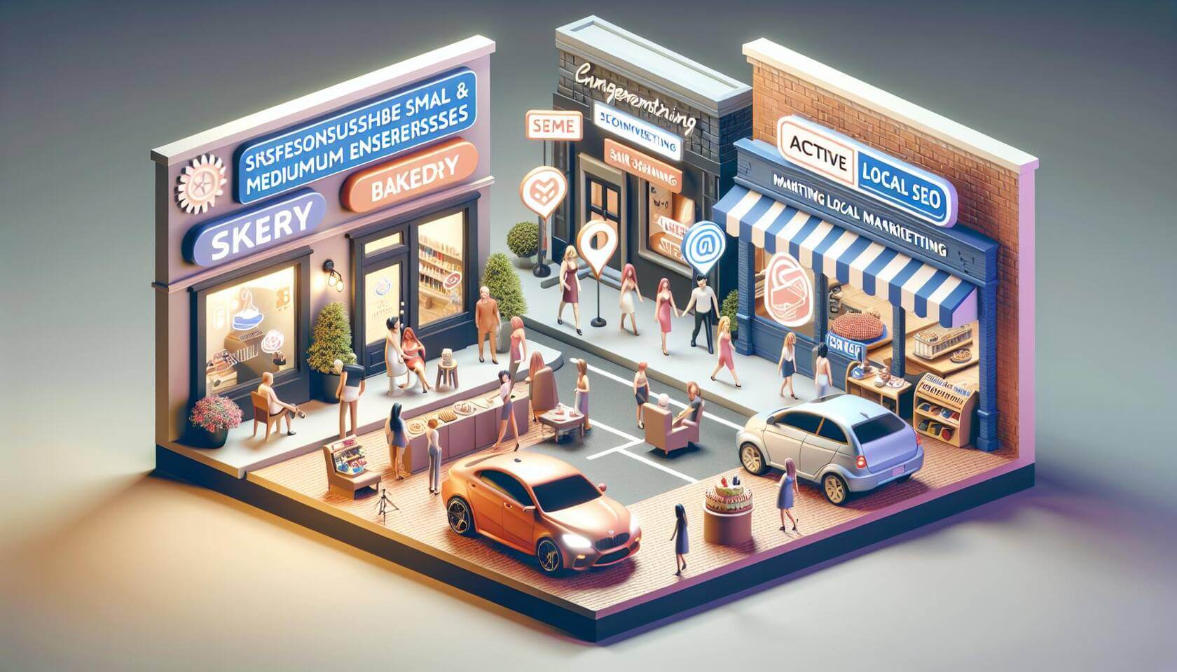 Erstelle ein 3D-Digital-Art Bild, das eine lebhafte lokale Geschäftsszene zeigt, in der unterschiedlichste kleine und mittlere Unternehmen (KMU) dargestellt werden – ein Friseursalon, eine Bäckerei und ein Autohaus im urbanen Umfeld. Achte auf interessante Lichtverhältnisse, die die verschiedenen Geschäfte hervorheben und eine freundliche Atmosphäre schaffen. Integriere Elemente wie zufriedene Kunden, aktive Werbung für Local SEO sowie moderne digitale Geräte zur Vermarktung lokaler Angebote. Stelle sicher, dass die Szene dynamisch ist und den Einsatz von Technologie für besseres Marketing widerspiegelt.