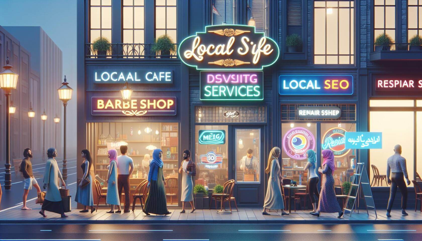 Erstelle ein 3D-Digital-Art-Bild, das eine lebendige und moderne Stadtlandschaft zeigt, in der lokale Geschäfte und Dienstleistungen hervorgehoben werden. Füge Elemente wie ein Café, einen Friseursalon und eine Reparaturwerkstatt hinzu, die mit auffälligen Schildern für „Local SEO“ geworben werden. Nutze interessante Beleuchtungseffekte, um Aufmerksamkeit zu erregen: sanftes Licht auf die Schaufenster sowie Neonlichter für dramatische Kontraste. Die Umgebung soll sichtbar dynamisch sein – Menschen gehen vorbei oder interagieren mit den Geschäften.
