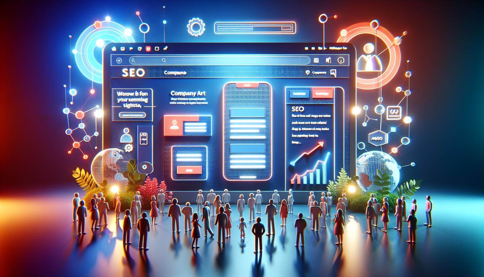 Erstelle ein 3D-Digital-Art-Bild einer ansprechenden Firmenwebsite auf einem Computerbildschirm, die eine moderne und intuitive Benutzeroberfläche zeigt. Die Website sollte klare Navigationselemente, auffällige Call-to-Action-Buttons und mobiloptimierte Designs darstellen. Im Hintergrund sind Diagramme zur Suchmaschinenoptimierung (SEO) sowie Kundenbewertungen sichtbar. Interessante Beleuchtung betont die Farben der Website und bringt Dynamik in das Bild, während winzige Figuren von zufriedenen Kunden den Eindruck erwecken, dass sie gerade eine positive Nutzererfahrung haben.