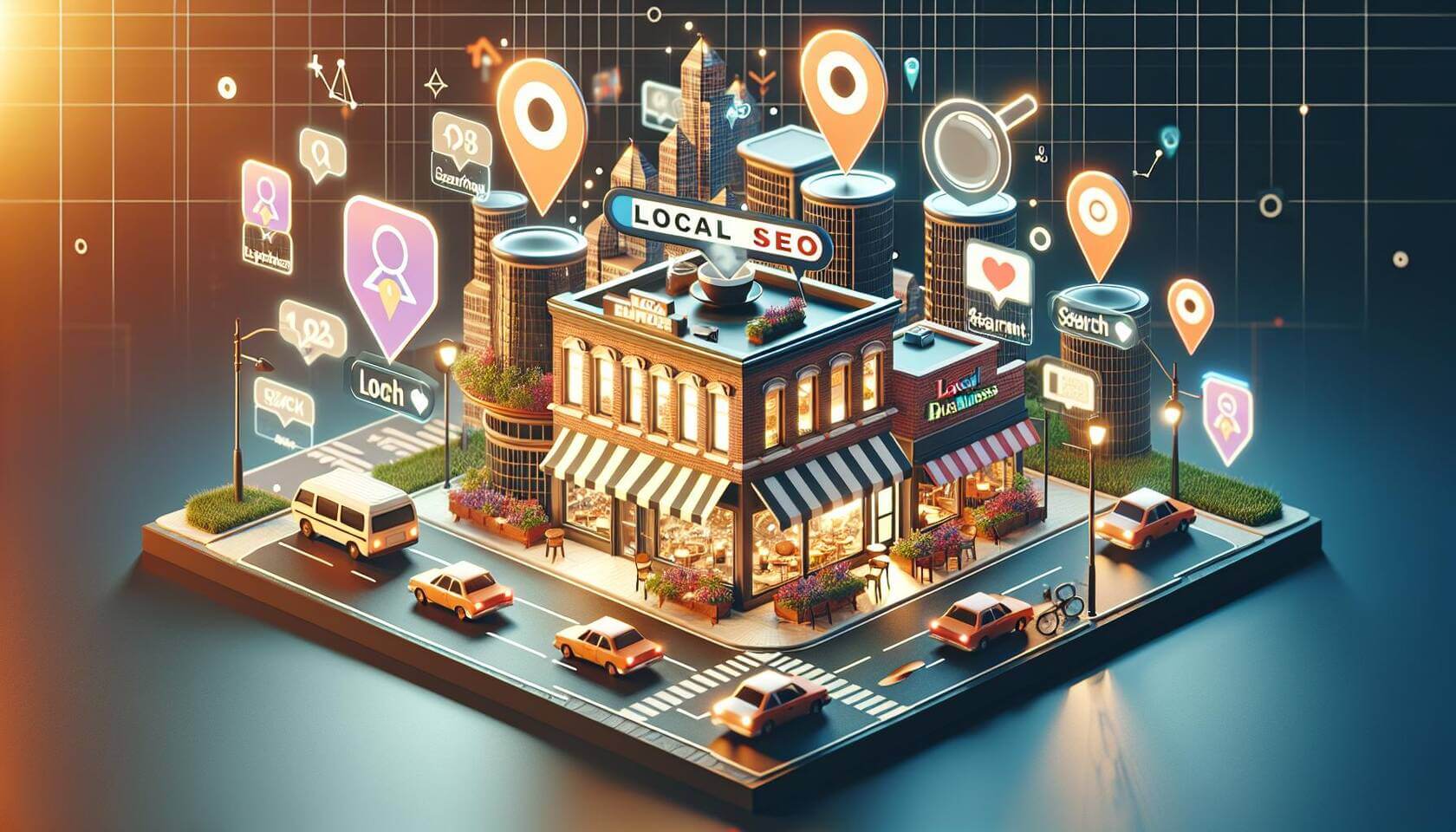 Erstelle ein 3D-Digital-Art Bild, das die Konzepte von Local SEO in einer urbanen Umgebung darstellt. Zeige eine belebte Straßenszene mit einem kleinen Café und anderen lokalen Geschäften im Vordergrund. Integriere visuelle Elemente wie Suchleisten, Google Maps-Symbole und digitale Anzeigen für lokale Dienstleistungen. Betone interessante Beleuchtungseffekte, um die Szenerie lebendig zu gestalten, wobei Sonnenstrahlen auf die Geschäfte scheinen und warme Farben verwendet werden. Füge außerdem stilisierte Icons oder Grafiken ein, die auf Kundenbewertungen hinweisen sowie den Austausch zwischen Unternehmen möchte symbolisieren.