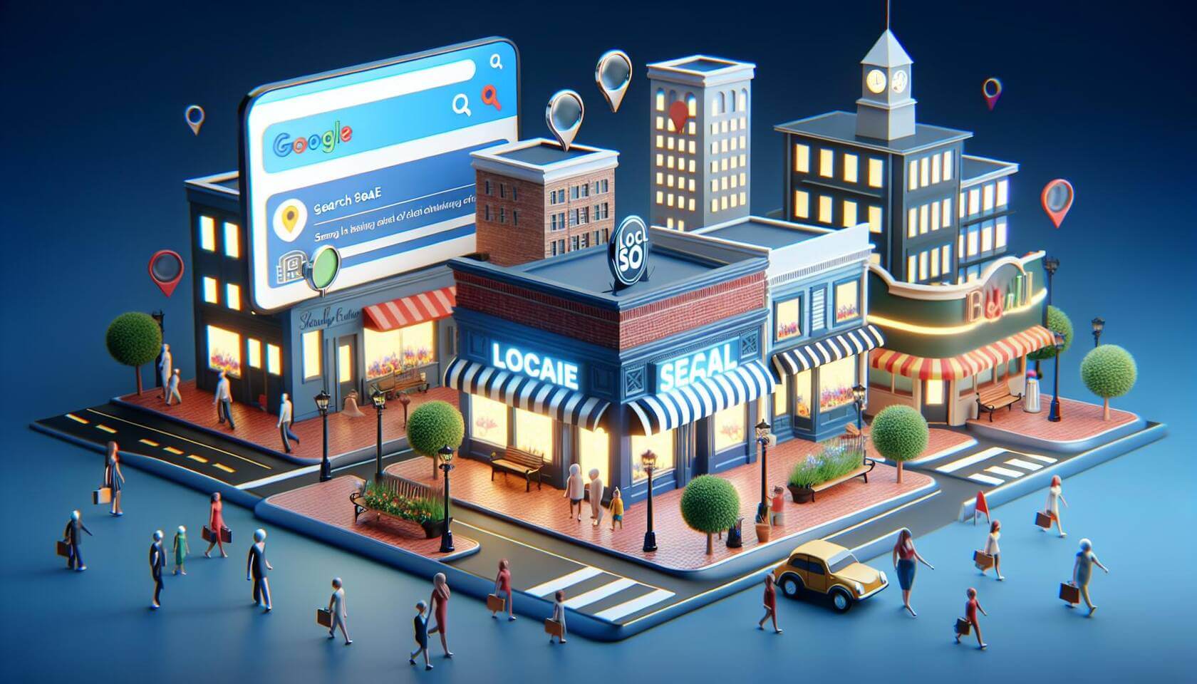 Erstelle ein 3D-Digital-Art Bild, das eine lebendige Stadtlandschaft zeigt, in der kleine und mittelständische Unternehmen durch auffällige Schilder und lebhafte Fensterfronten hervorgehoben werden. Füge dynamische Elemente hinzu, wie Menschen, die vor den Geschäften stehen oder hineingehen. Verwende interessante Beleuchtungseffekte, um eine freundliche und einladende Atmosphäre zu schaffen. Integriere lokale Symbole oder Wahrzeichen aus einer typischen Stadtumgebung im Hintergrund sowie animierte Szenen von Suchanfragen an digitalen Geräten zur Darstellung des Local SEO-Themas.