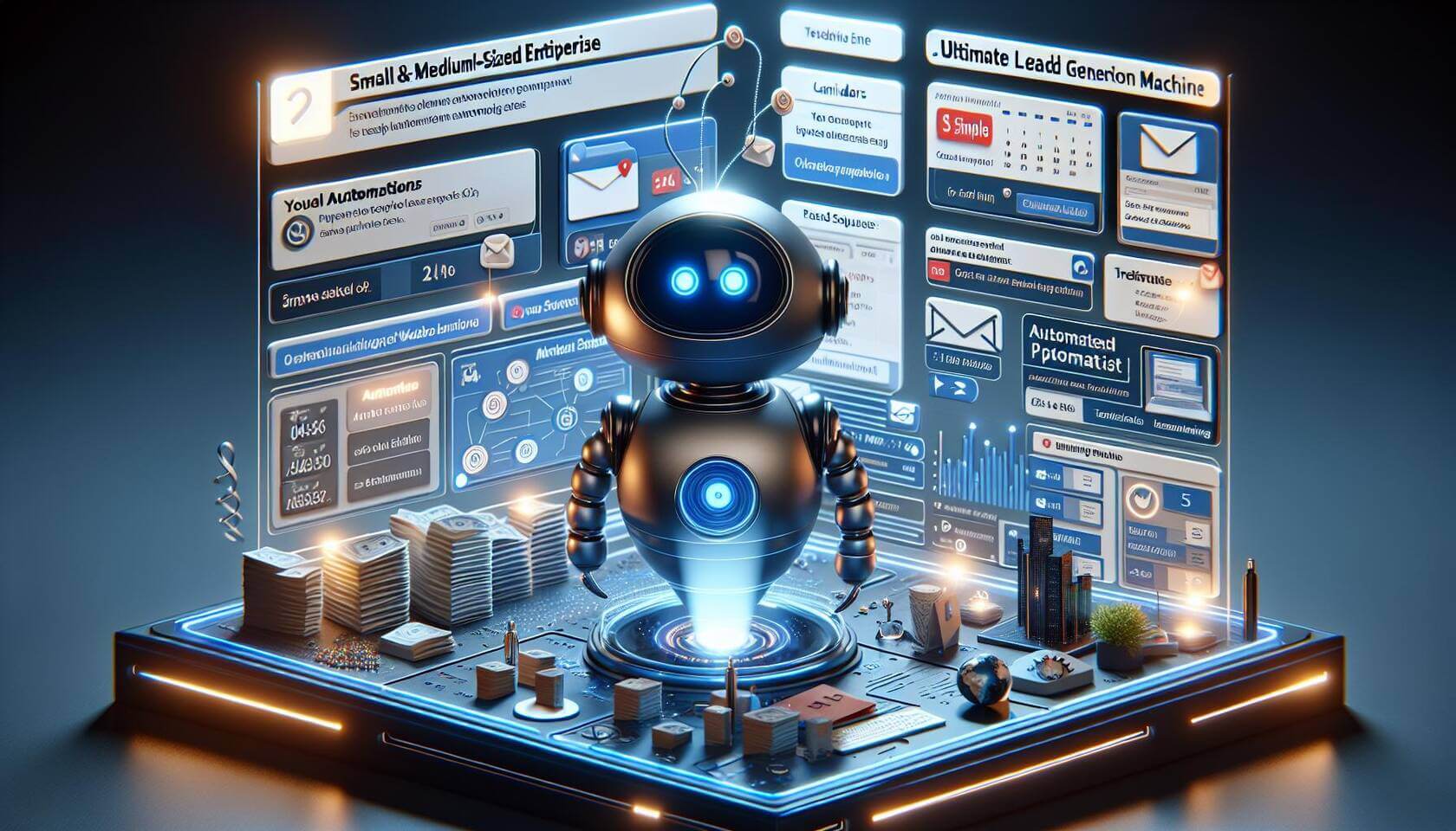 Erstelle ein 3D-Digital-Art-Bild, das eine moderne KMU-Website zeigt, die von verschiedenen Automatisierungen profitiert. Das Bild sollte einen automatisierten Chatbot in einem interaktiven Dialog mit einem Besucher darstellen, während im Hintergrund E-Mail-Sequenzen und Lead-Erfassungsformulare sichtbar sind. Füge Elemente wie Kalender für automatische Terminvereinbarungen und ansprechende Popups hinzu, die spezifische Angebote anzeigen. Setze interessante Beleuchtungseffekte ein, um dem Bild Tiefe zu verleihen und hebe die Technologie hervor; visualisiere dabei den Fortschritt einer Website von einfach bis hin zur ultimativen Lead-Maschine für kleine und mittelständische Unternehmen (KMU).
